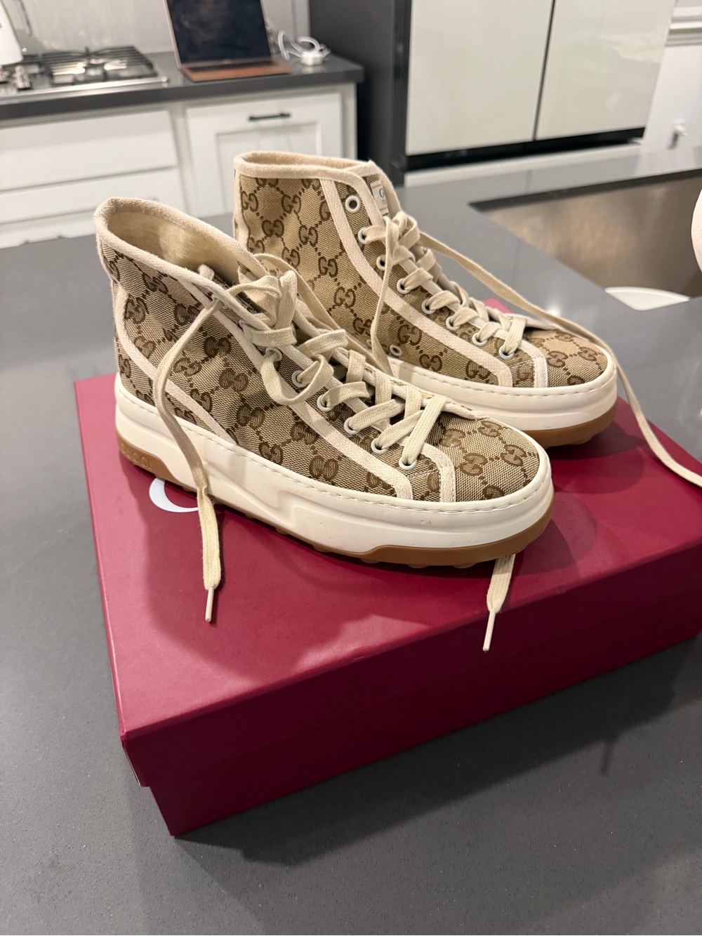 Gucci Beige GG Canvas High-Top Sneakers with Gum Outsole